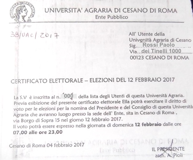Certificato elettorale - Elezioni del 12 Febbraio 2017 - Università Agraria di Cesano di Roma