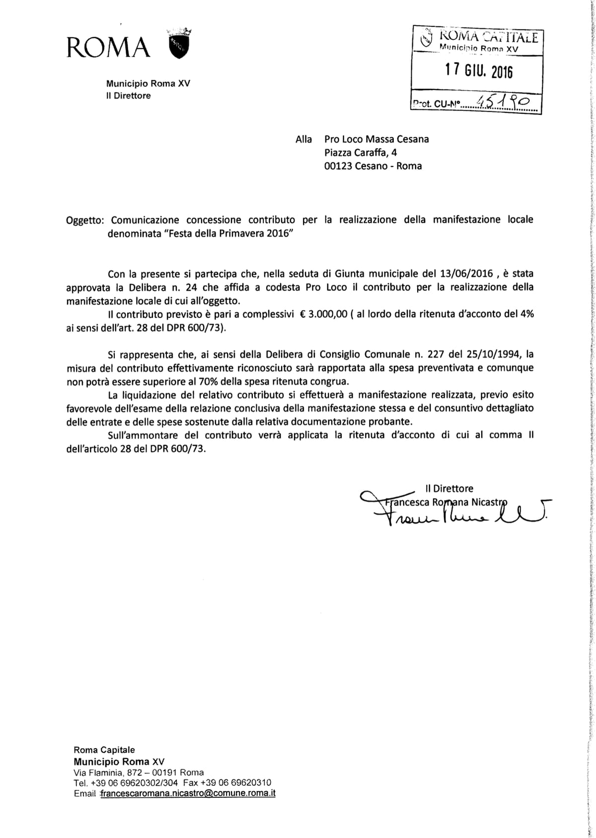 Contributo per la Festa di Primavera del 26 p.v.