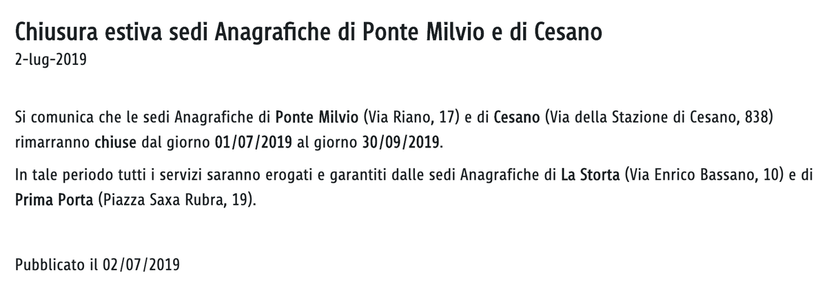 Chiusura estiva anagrafe Cesano