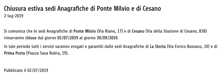 Chiusura estiva anagrafe Cesano
